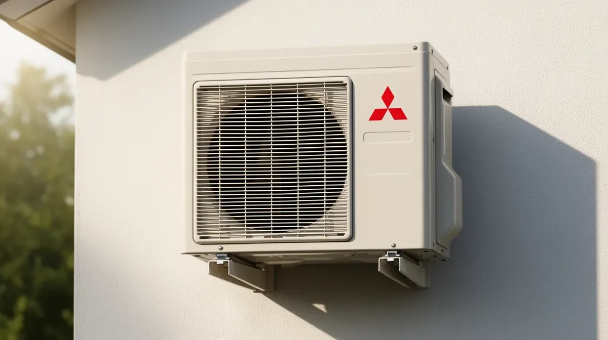 Gros plan sur une unité extérieure Mitsubishi compacte fixée au mur
