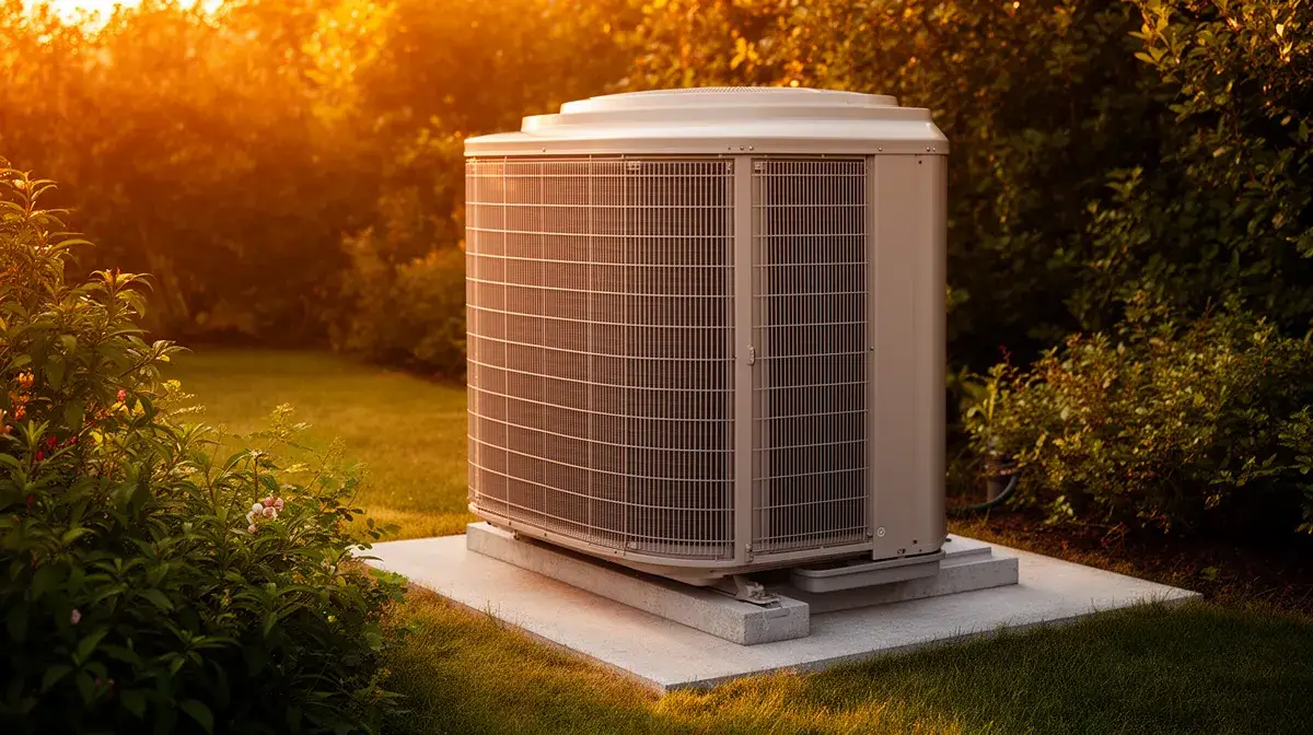 Unité extérieure multi-split Mitsubishi de grande taille installée sur une dalle en béton dans un jardin