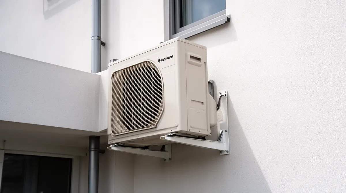Installation terminée d'une unité extérieure sur la façade d'un bâtiment avec un dégagement adéquat
