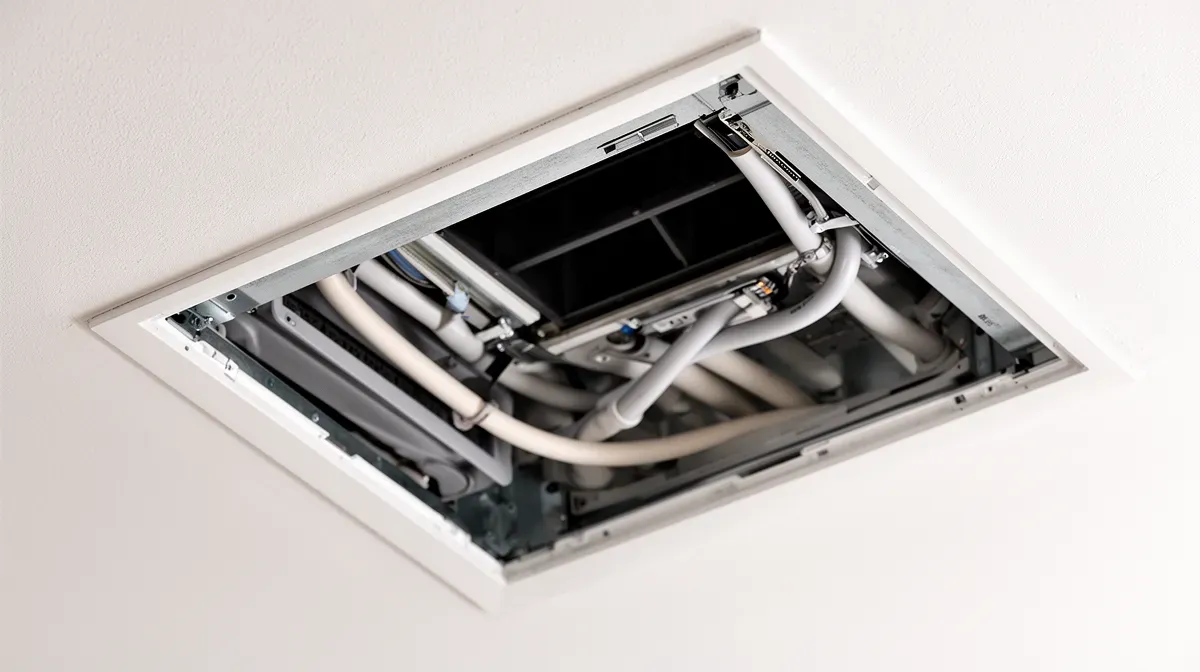 Gros plan sur une boîte de pré-installation pour climatiseur encastrée dans le mur, avec ses compartiments internes et les entrées de tubes