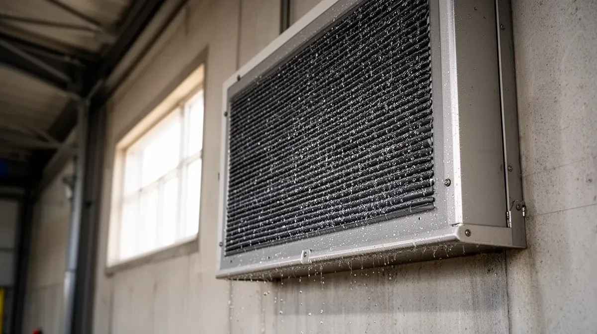 Gros plan sur un système de refroidissement adiabatique installé dans un hangar industriel, avec des gouttelettes d'eau sur les panneaux.