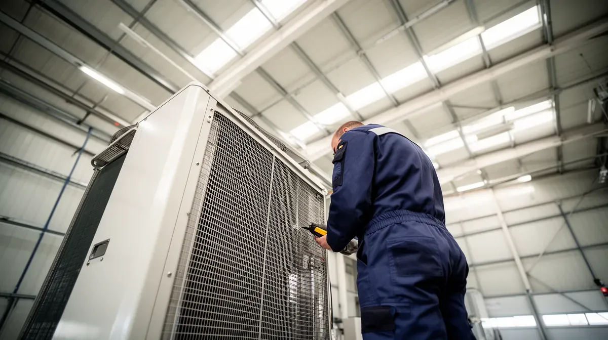 Technicien inspectant une unité de climatisation centrale dans un hangar, vue en contre-plongée avec lumière naturelle.