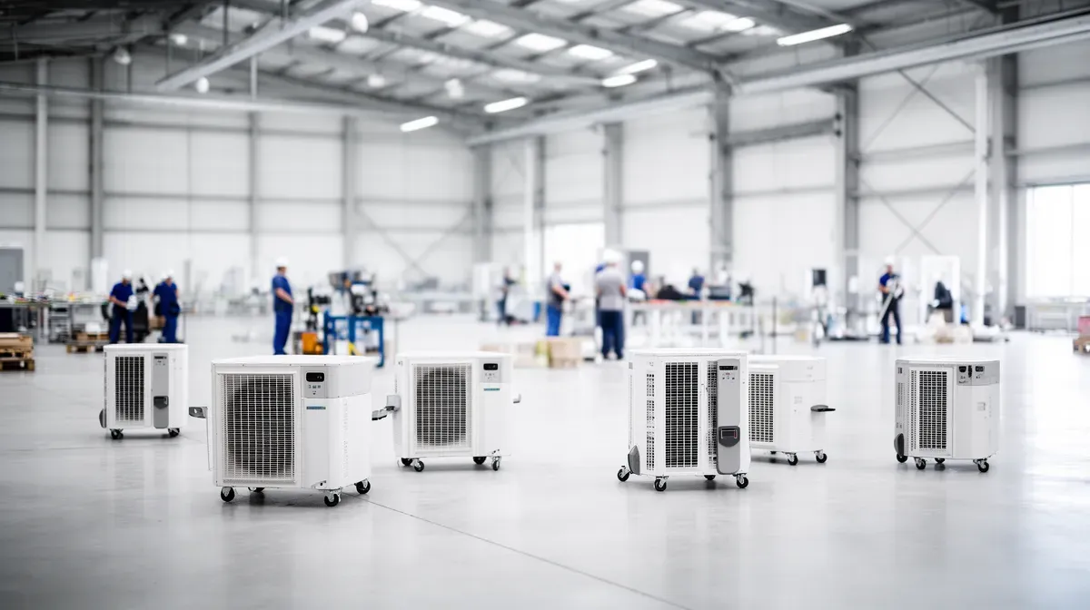 Intérieur d'un hangar industriel moderne avec des climatiseurs mobiles au sol, des travailleurs flous en arrière-plan.
