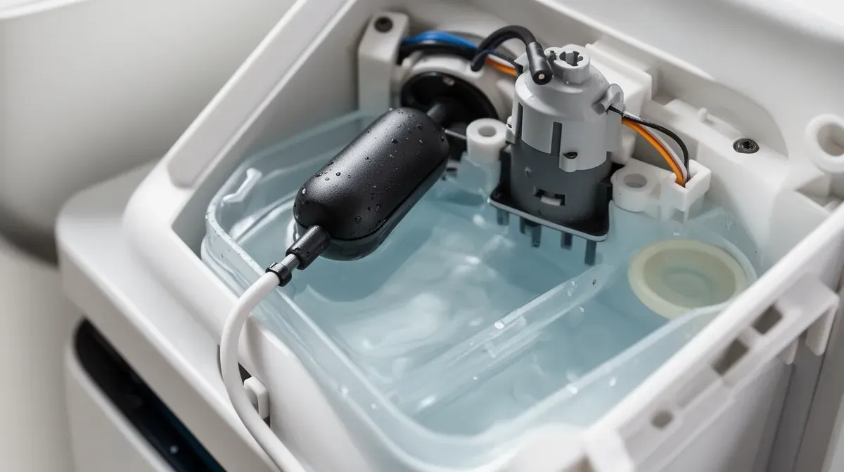 Gros plan sur le mécanisme interne d'une pompe de relevage de climatisation avec flotteur et réservoir