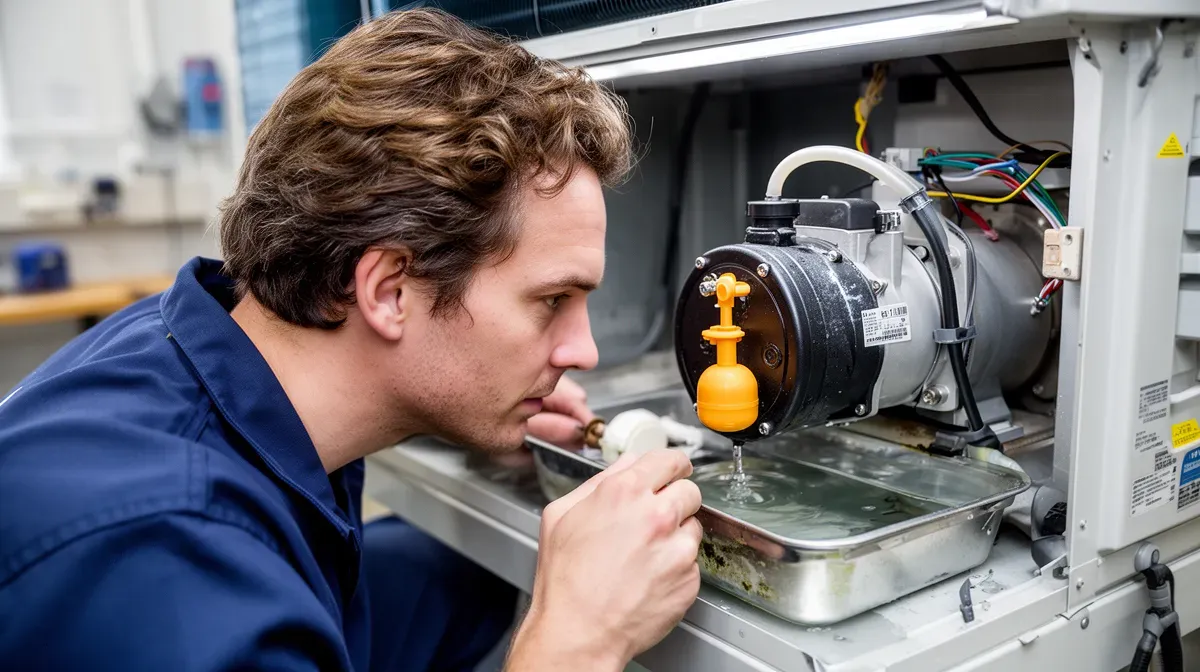 Technicien inspectant la pompe de relevage et le bac de récupération d'eau d'une climatisation