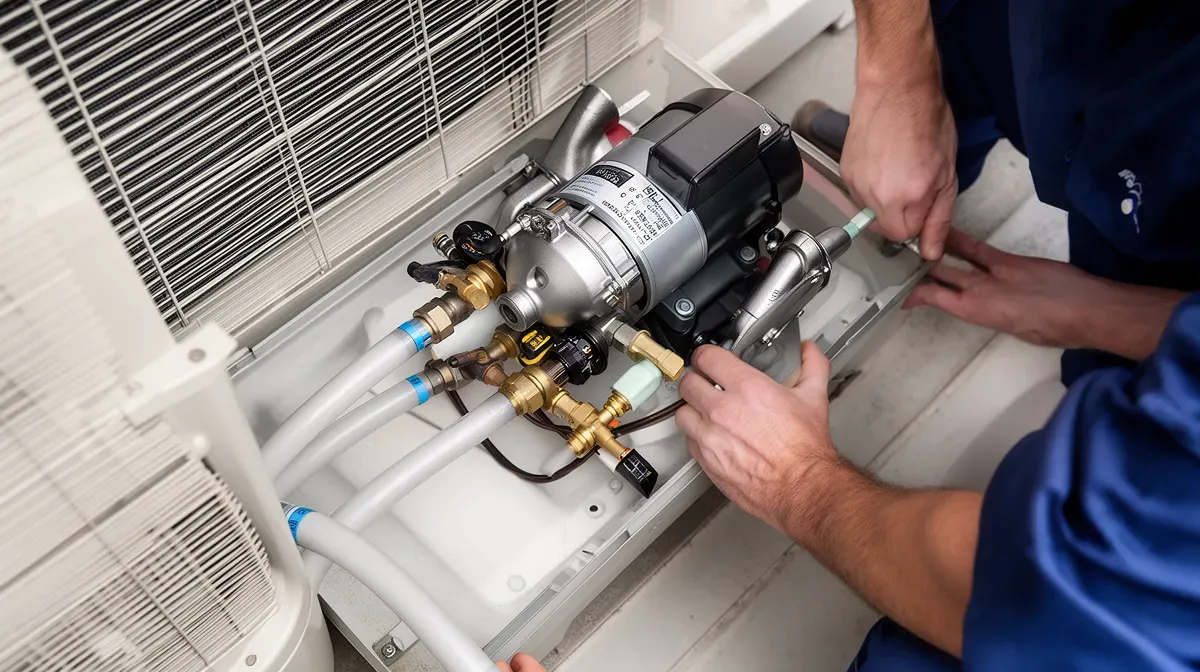 Installation d'une nouvelle pompe de relevage dans une unité de climatisation par un technicien
