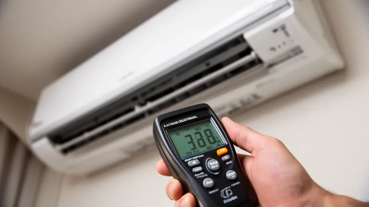 Gros plan d'un sonomètre mesurant le niveau sonore d'un climatiseur sans unité extérieure