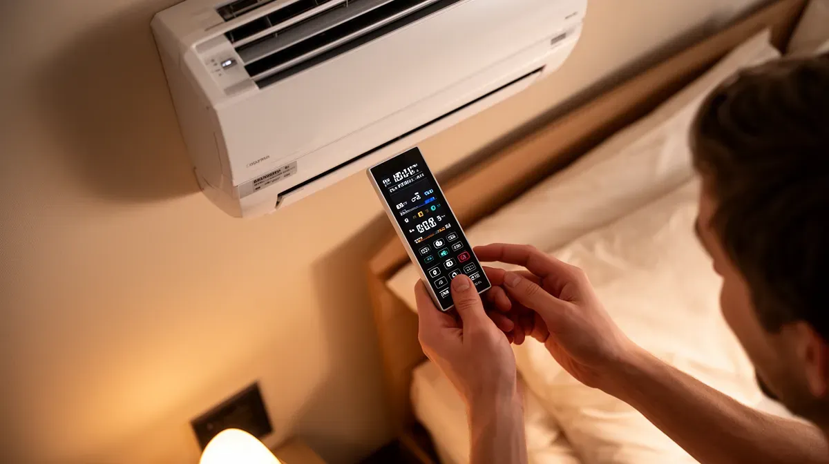Personne réglant la télécommande d'un climatiseur silencieux dans une chambre