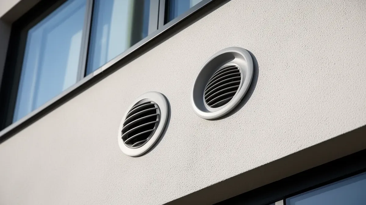 Gros plan sur les grilles de ventilation discrètes d'une clim sans groupe extérieur en façade d'immeuble