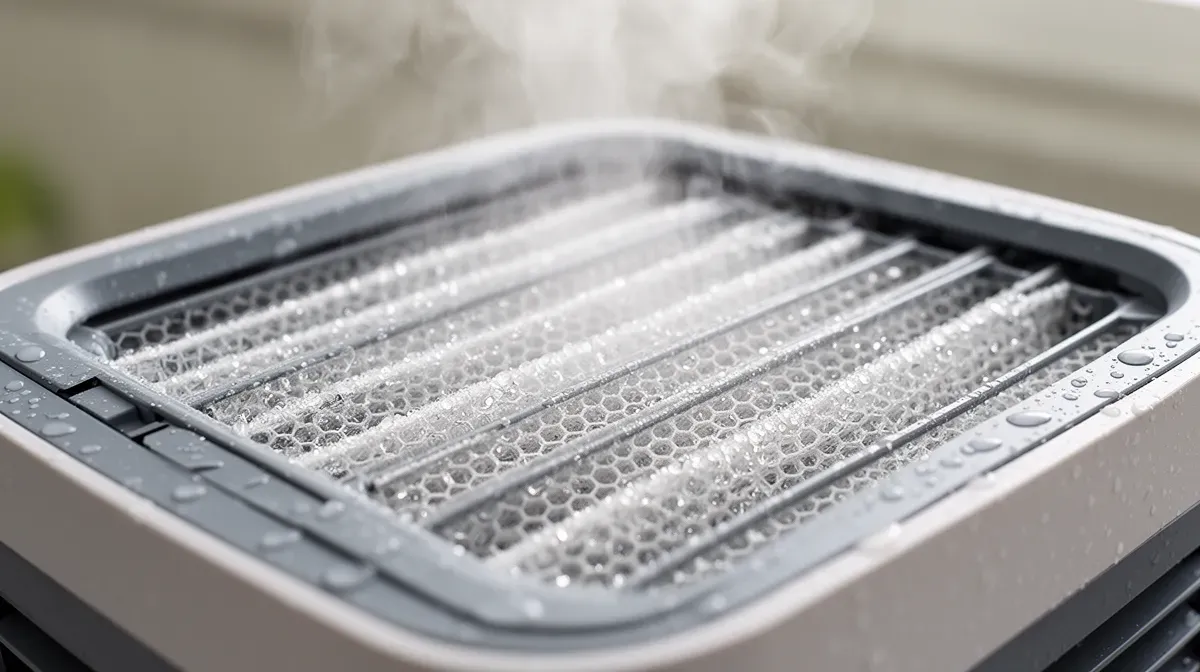 Gros plan sur le filtre à évaporation d'un climatiseur mobile sans évacuation