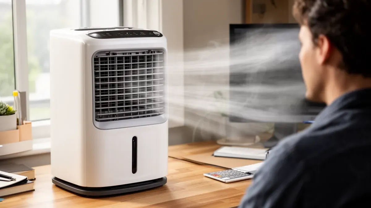 Climatiseur mobile sans évacuation utilisé dans un petit bureau à domicile