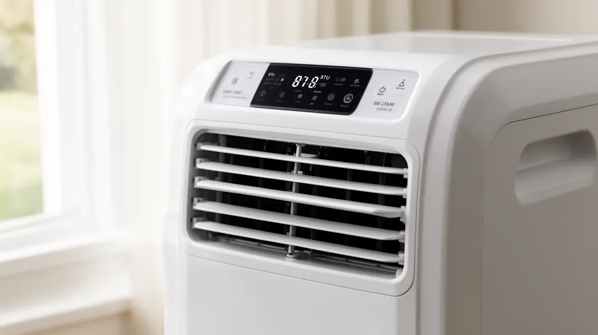 Gros plan sur un climatiseur mobile avec affichage de la puissance en BTU