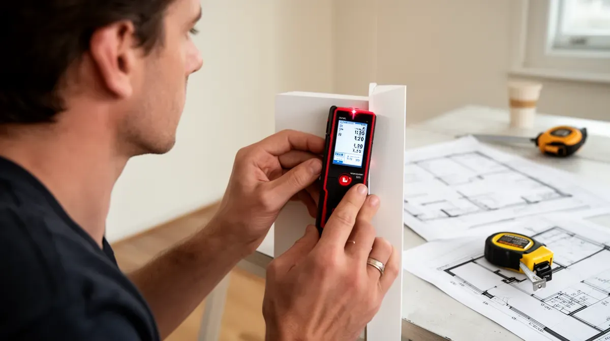 Personne mesurant une pièce avec un télémètre laser pour calculer la puissance nécessaire
