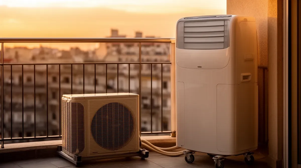 Unité extérieure d'un climatiseur mobile split posée sur un balcon, reliée à l'unité intérieure par une liaison frigorifique