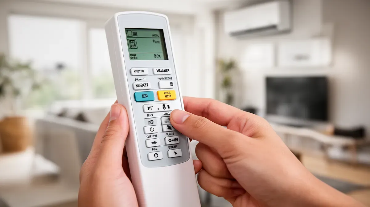 Main ajustant les réglages d'un climatiseur mobile split avec une télécommande, gros plan