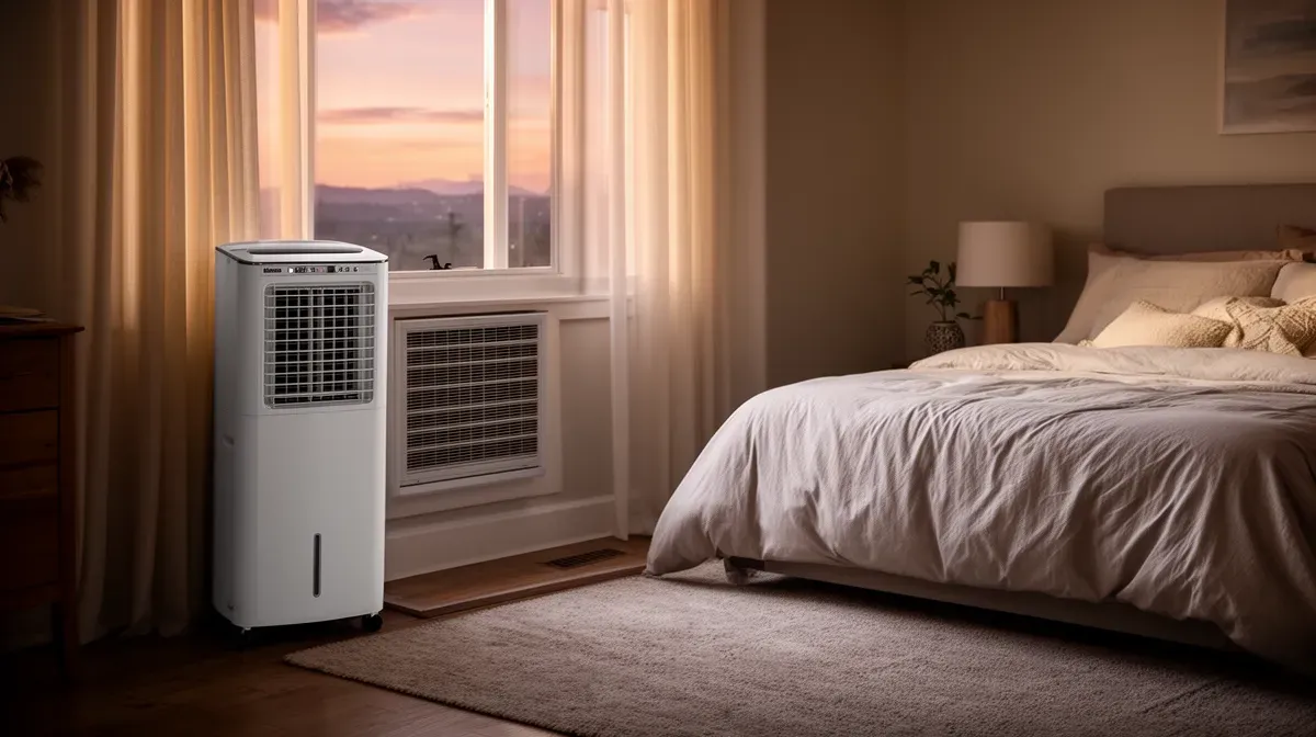 Climatiseur mobile split installé dans une chambre confortable, vue d'ensemble avec l'unité extérieure visible par la fenêtre