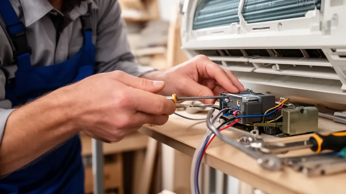 Gros plan sur les mains d'un technicien installant une climatisation réversible, avec outils et pièces visibles.