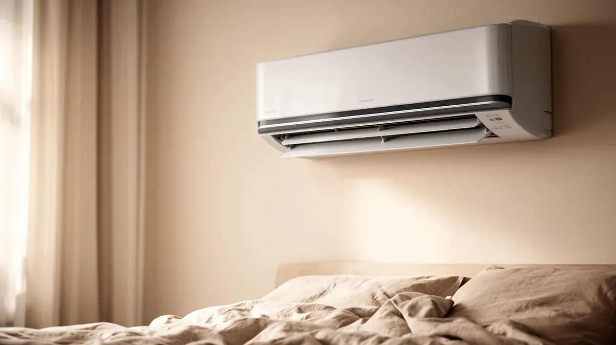Climatisation réversible murale dans une chambre apaisante, photographiée de côté avec une lumière naturelle douce.