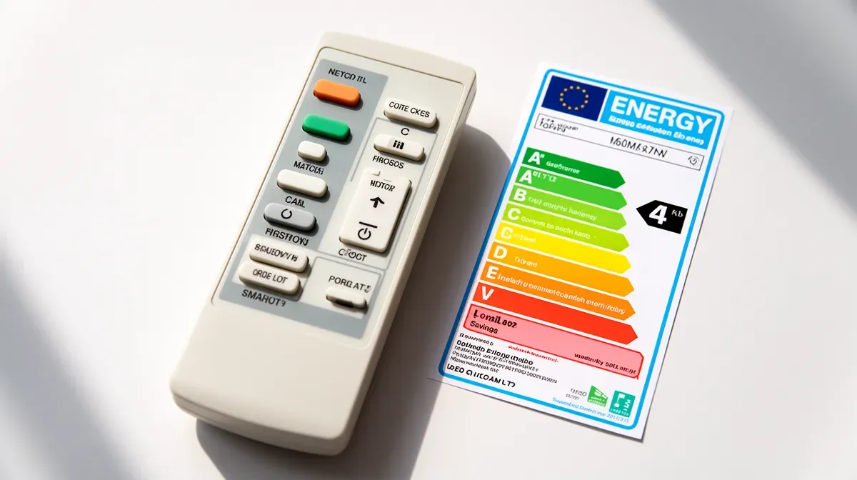 Vue de dessus d'une télécommande de climatisation réversible et d'une étiquette énergétique, illustrant le contrôle et les économies.