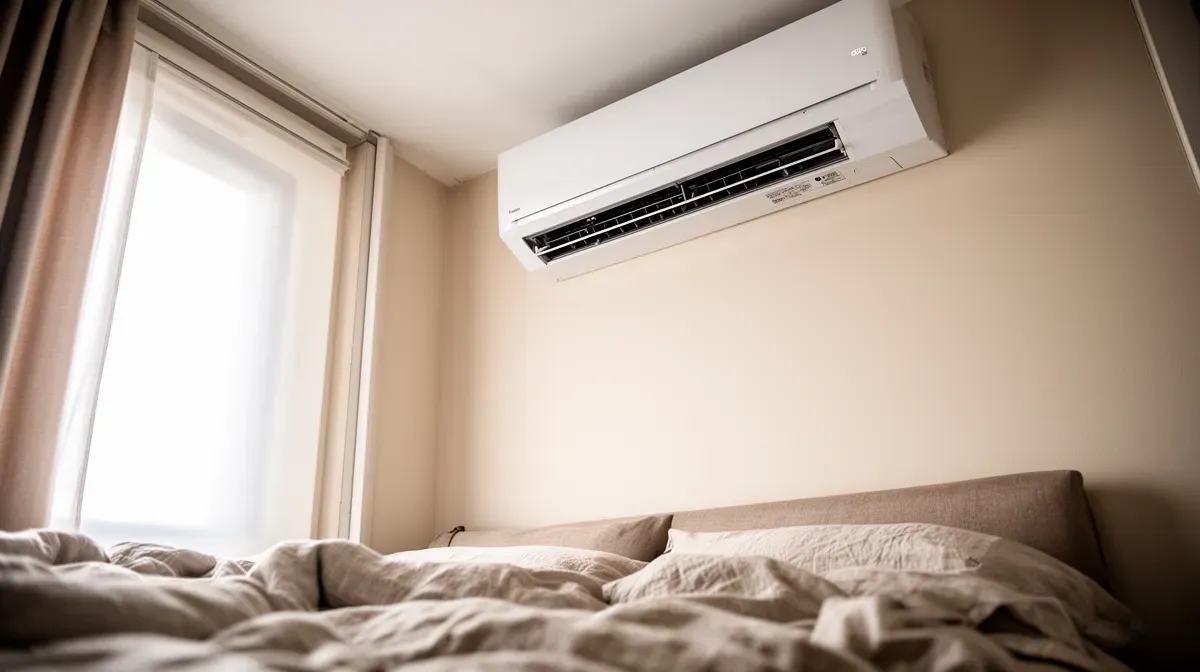 Gros plan sur une climatisation réversible murale dans une chambre de 40 m²