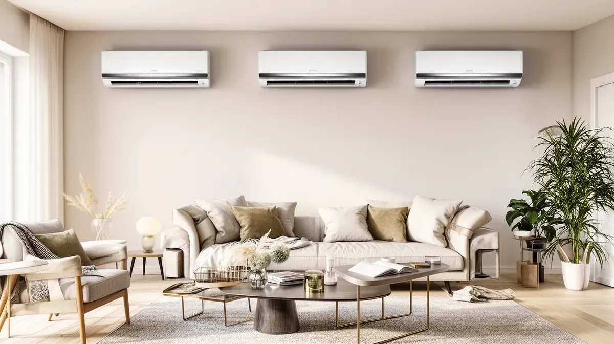 Vue large d'un salon avec trois unités intérieures de climatisation réversible pour 60 m²