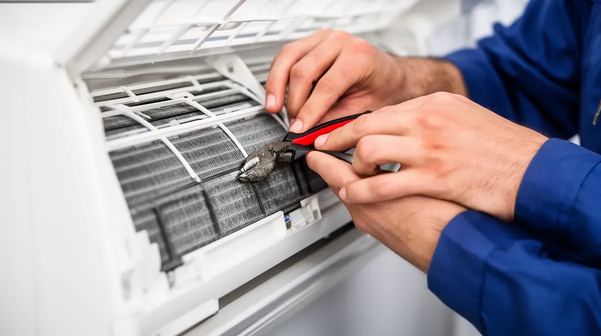 Gros plan sur les mains d'un technicien nettoyant le filtre d'une climatisation