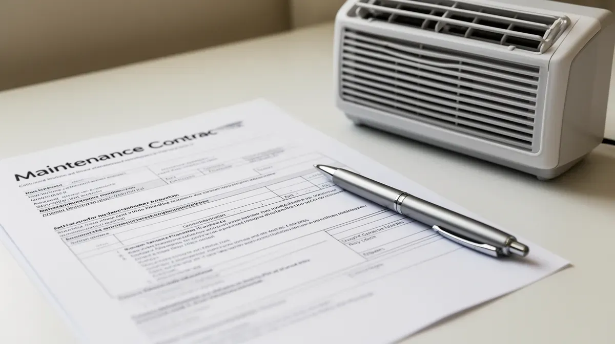Document de contrat d'entretien avec stylo et unité de climatisation en arrière-plan