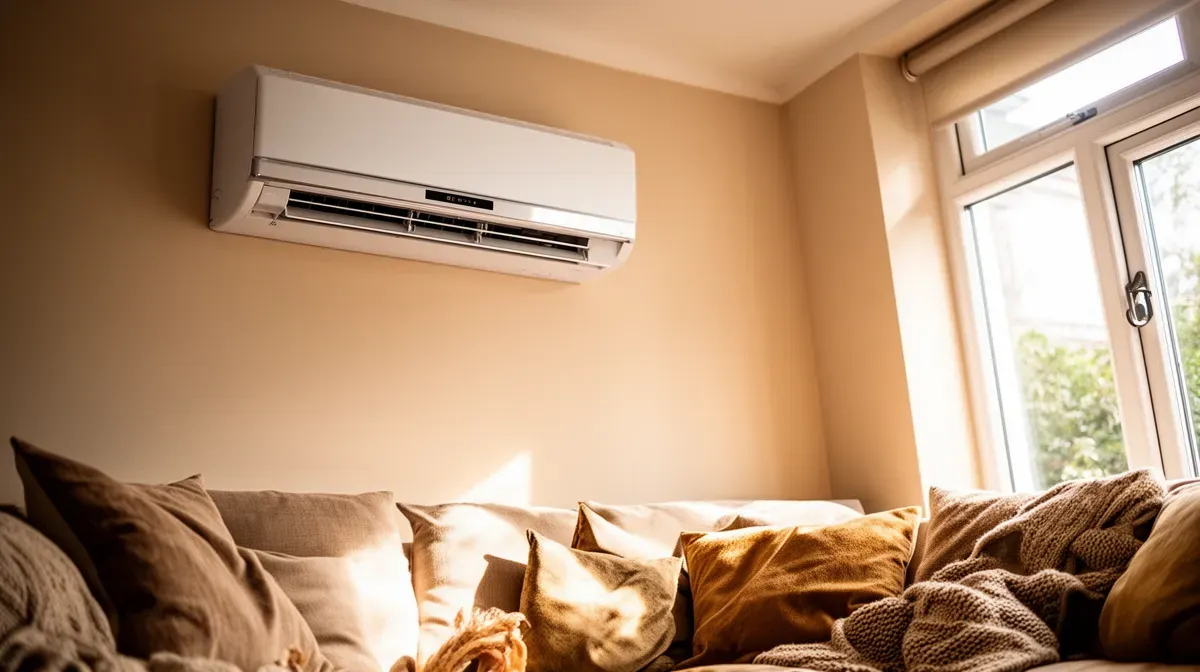 Unité intérieure murale d'une pompe à chaleur air-air dans un salon lumineux