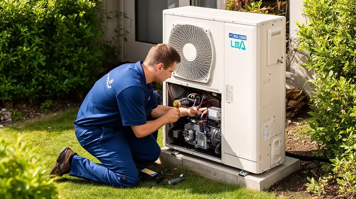 Technicien installant l'unité extérieure d'une pompe à chaleur air-air dans un jardin