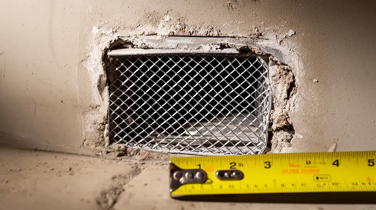 Gros plan sur une grille de ventilation de vide sanitaire avec mètre ruban pour illustrer le calcul de section