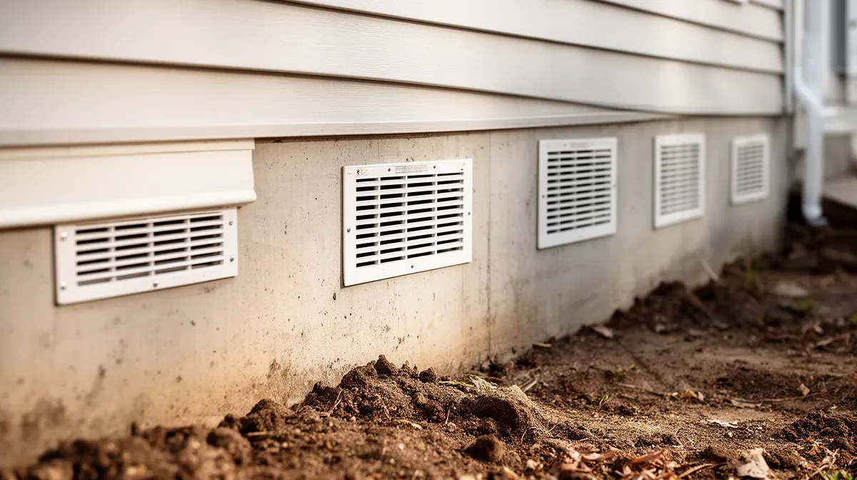 Plusieurs grilles d'aération espacées régulièrement sur le mur d'un vide sanitaire