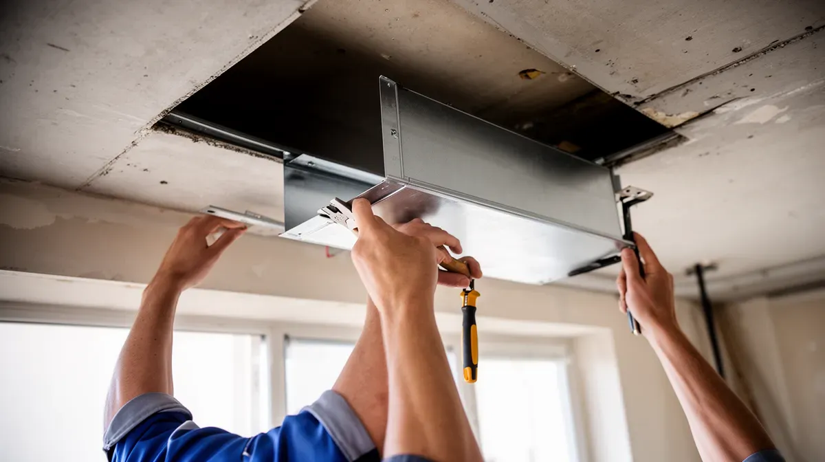 Installation d'une gaine plate dans un faux plafond bas par un professionnel