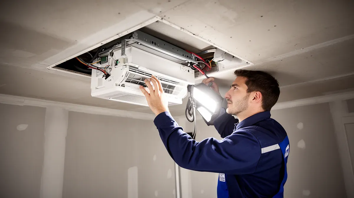 Technicien installant un caisson de VMC extra plate dans un espace réduit
