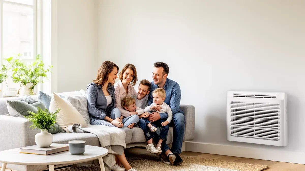 Famille dans un salon lumineux avec une ventilation hygroréglable visible