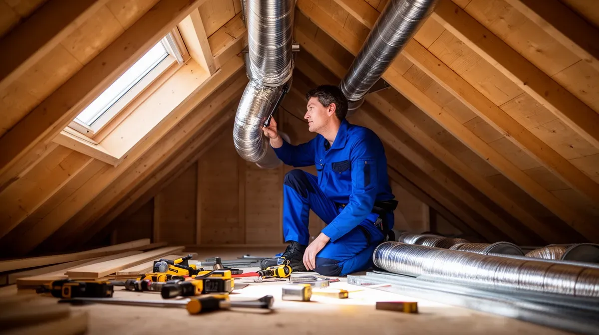 Technicien installant des gaines de ventilation dans un grenier