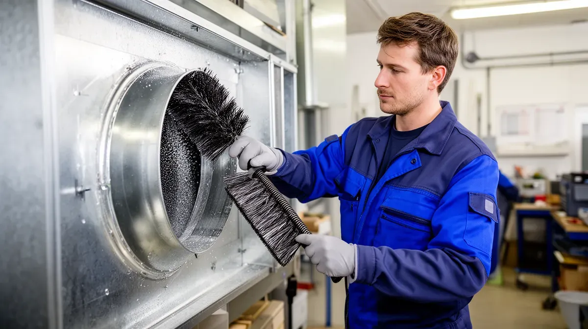 Technicien nettoyant les gaines de ventilation lors d'une opération d'entretien préventif.