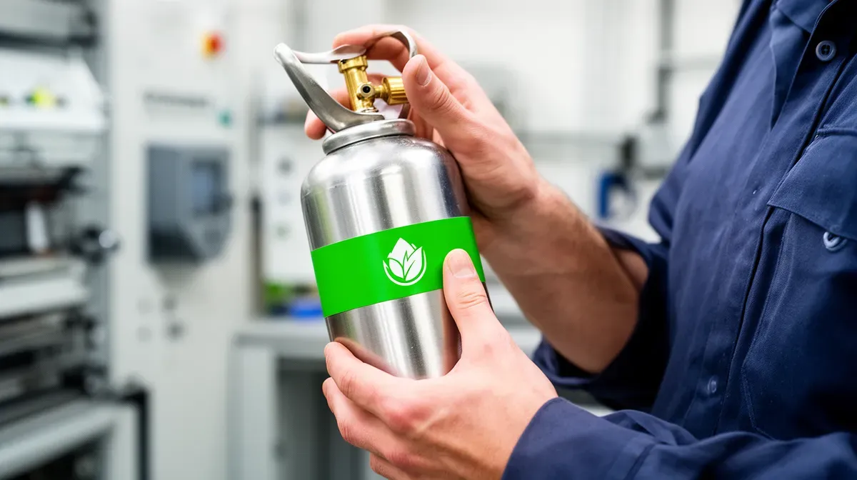 Gros plan sur les mains d'un technicien tenant un cylindre de fluide frigorigène écologique