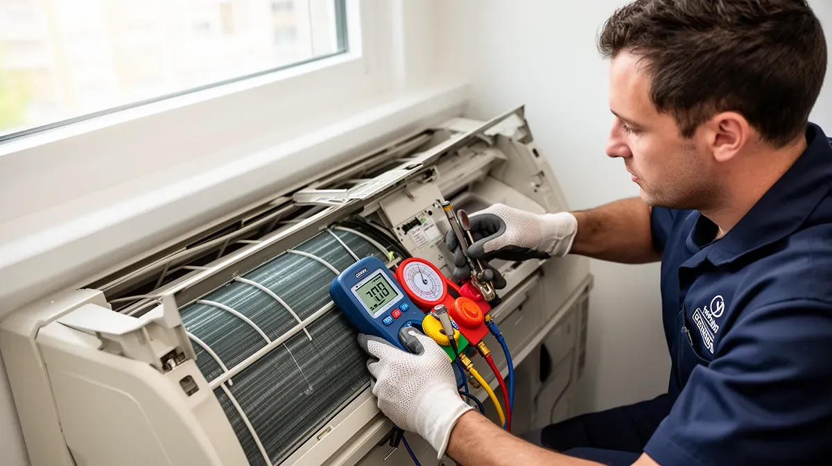 Technicien certifié en train d'entretenir un climatiseur avec un manifold numérique