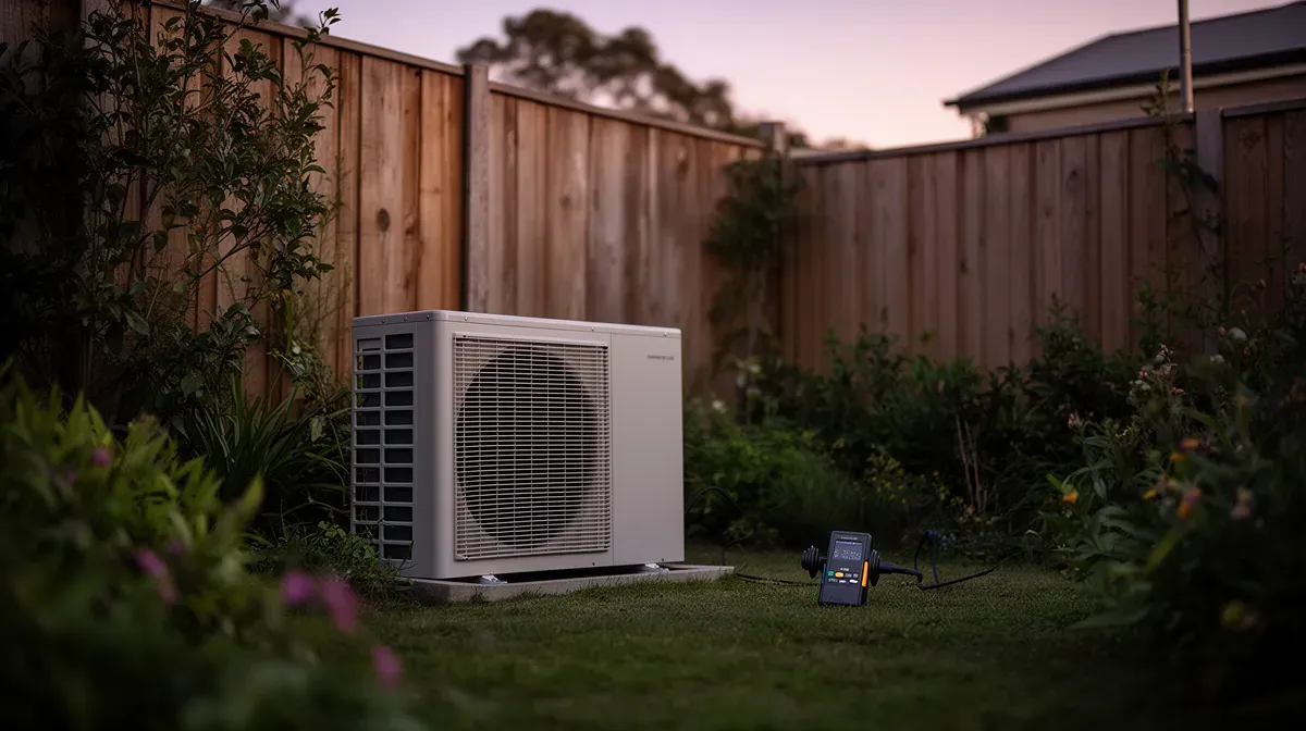Unité extérieure de climatisation dans un jardin résidentiel avec un sonomètre à proximité