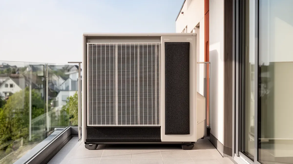 Unité extérieure de climatisation moderne sur balcon, vue de face, lumière naturelle