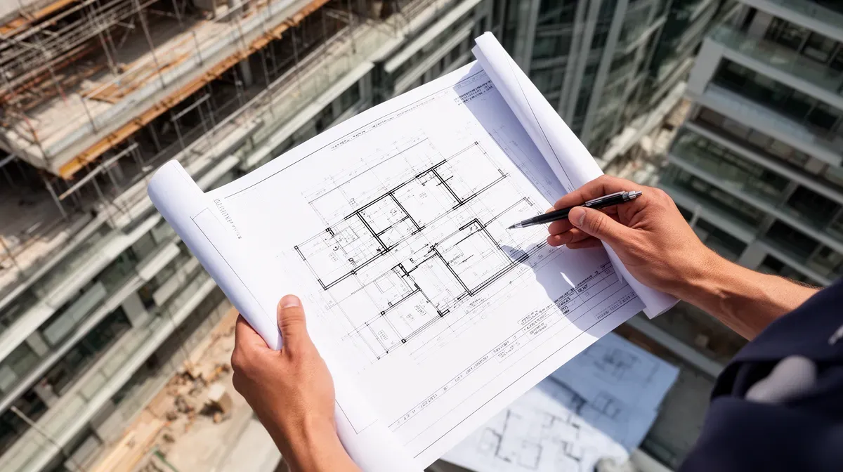 Mains tenant des plans architecturaux et un stylo, vue de dessus, lumière naturelle