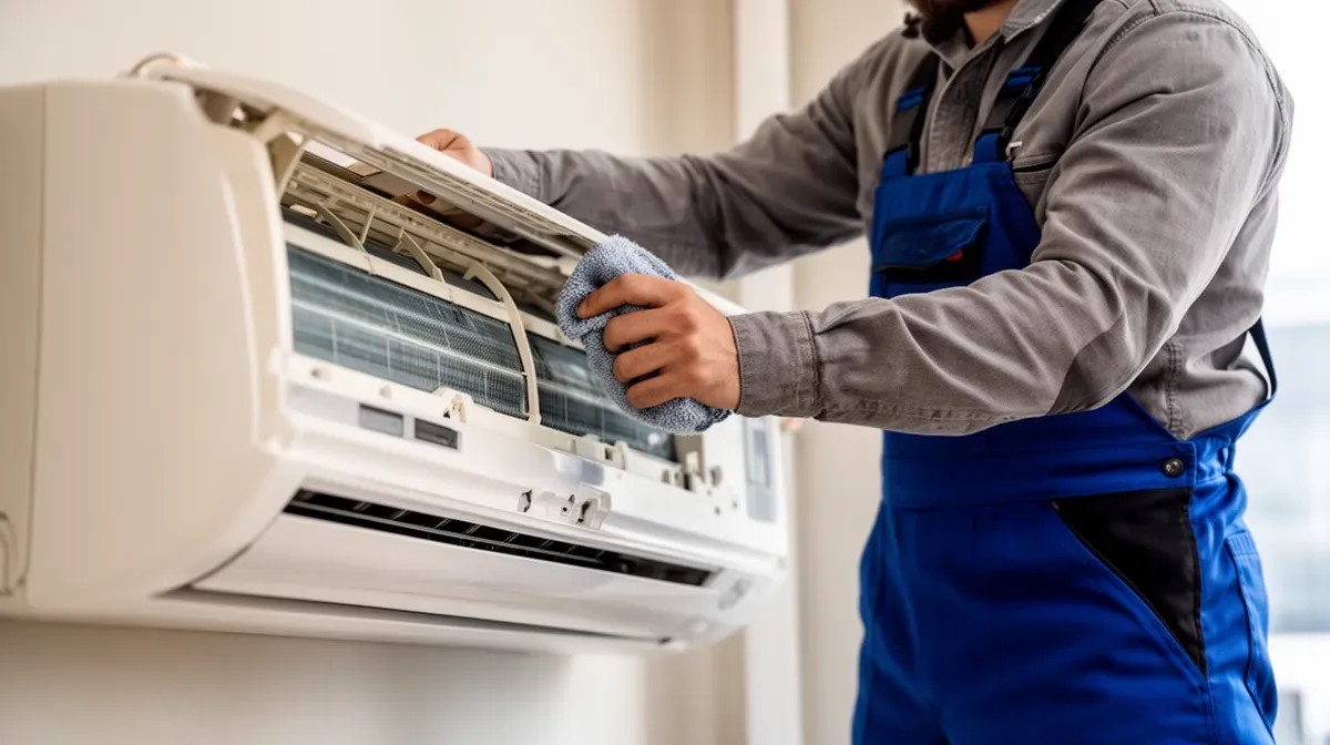 Technicien effectuant l'entretien d'une climatisation pour illustrer les bonnes pratiques de maintenance
