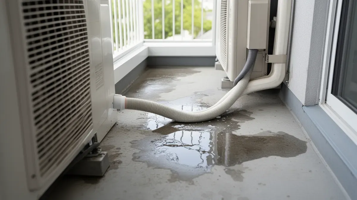 Tuyau de condensats mal installé provoquant une flaque d'eau sur un balcon