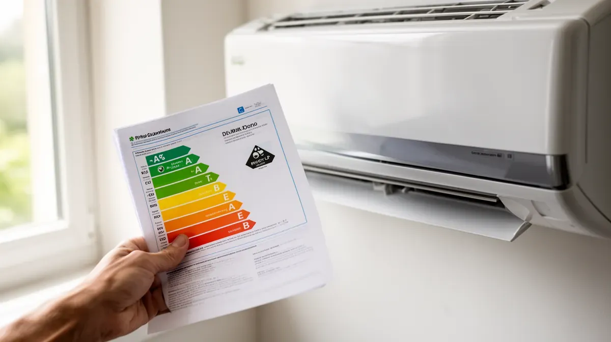 Gros plan sur un document de prime énergie avec une climatisation réversible en arrière-plan