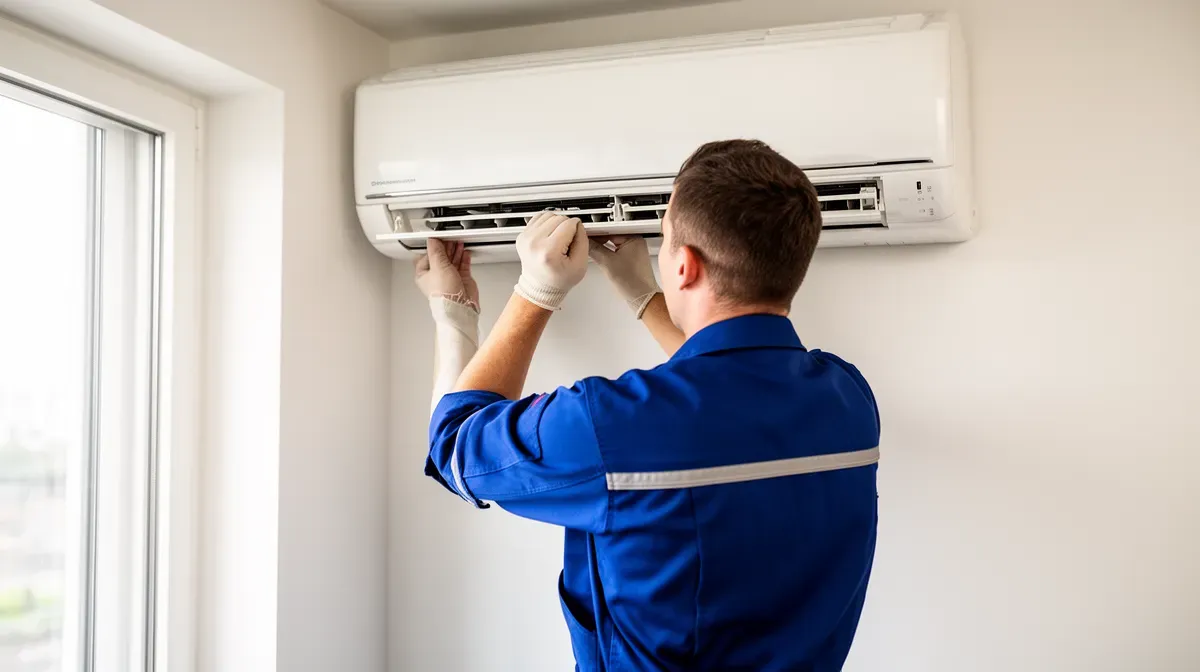 Technicien installant une climatisation réversible dans une pièce lumineuse