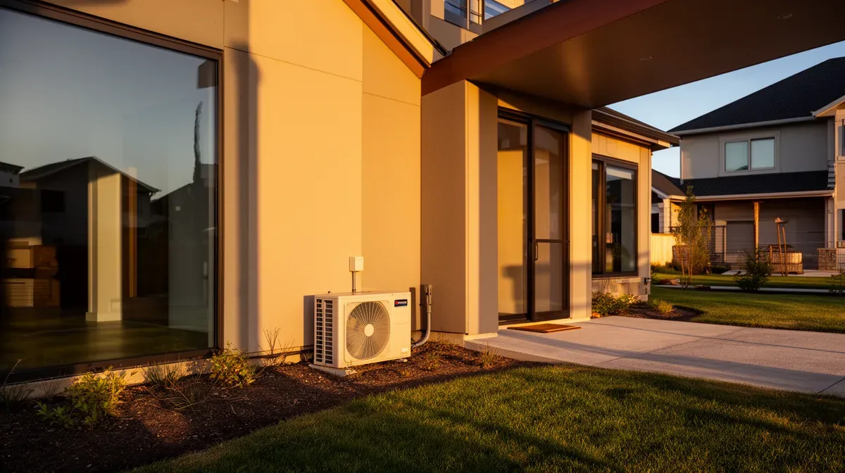 Maison moderne avec unité extérieure de climatisation réversible en lumière dorée