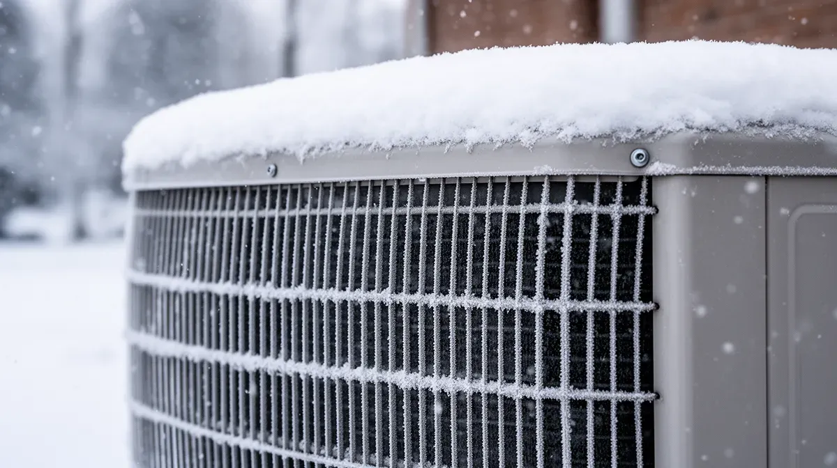 Pompe à chaleur extérieure enneigée en hiver, montrant les conditions climatiques difficiles