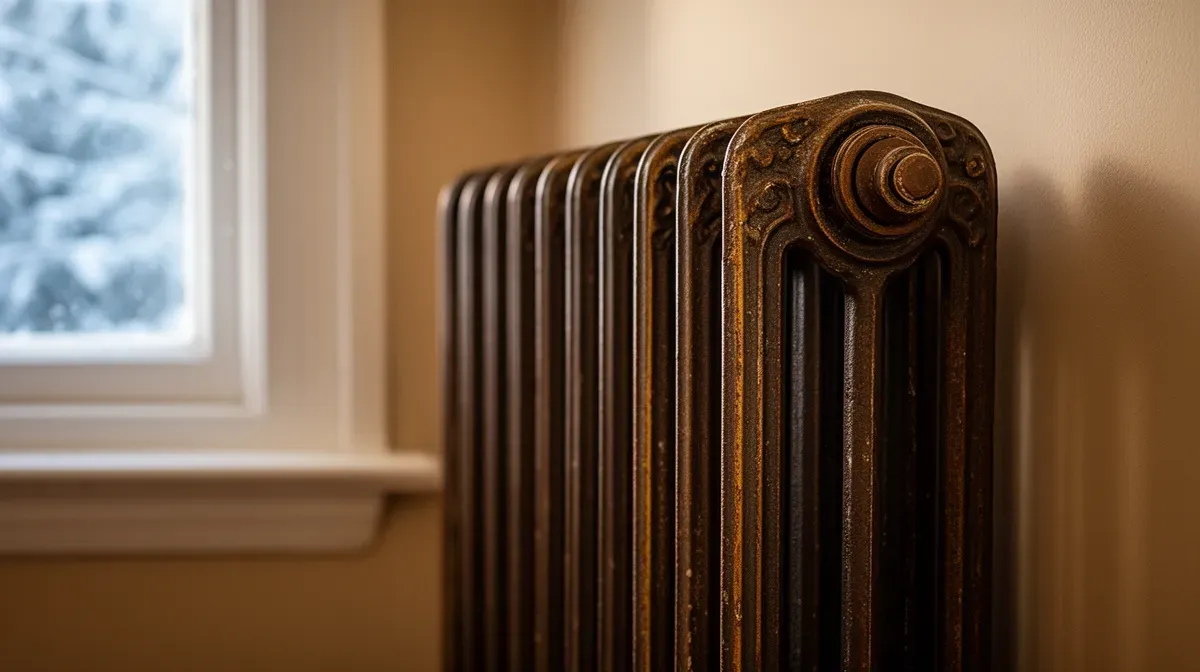 Radiateur en fonte ancien dans un salon, illustrant un système de chauffage à haute température