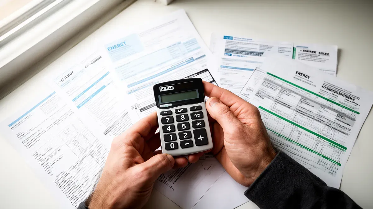 Mains tenant une calculatrice au-dessus de documents financiers et de factures d'énergie