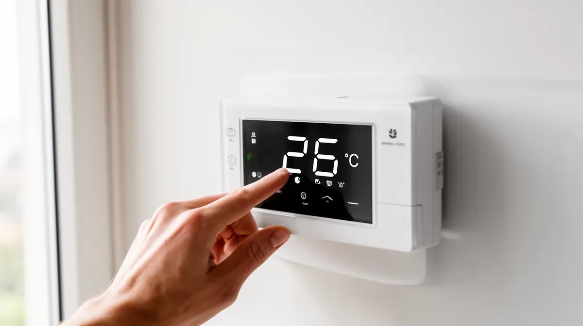 Gros plan sur une main réglant un thermostat à 26°C sur une climatisation
